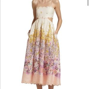 Zimmermann Jude Lace-Up Cutout Scalloped Floral Linen Midi Dress (worn once)
